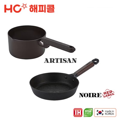 [2월 입고 예정] 해피콜 누아르 레드라벨 IH 프라이팬 22cm (통우드핸들) + 아티젠 IH 밀크팟 16cm 2종세트 / 품번 : HCNAR-003