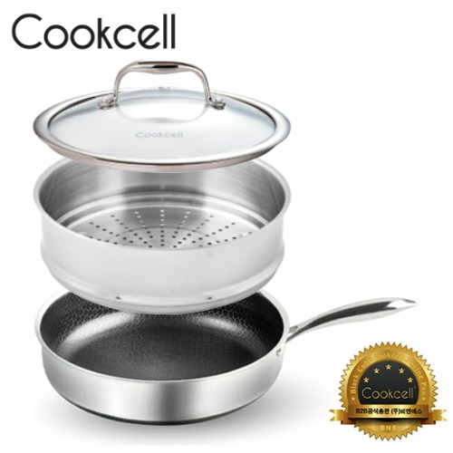 [Cookcell] 쿡셀 통3중 더블 세라믹 코팅 블랙에디션 IH 프라이팬 28cm + 궁중팬 28cm + 유리뚜껑 28cm 3종