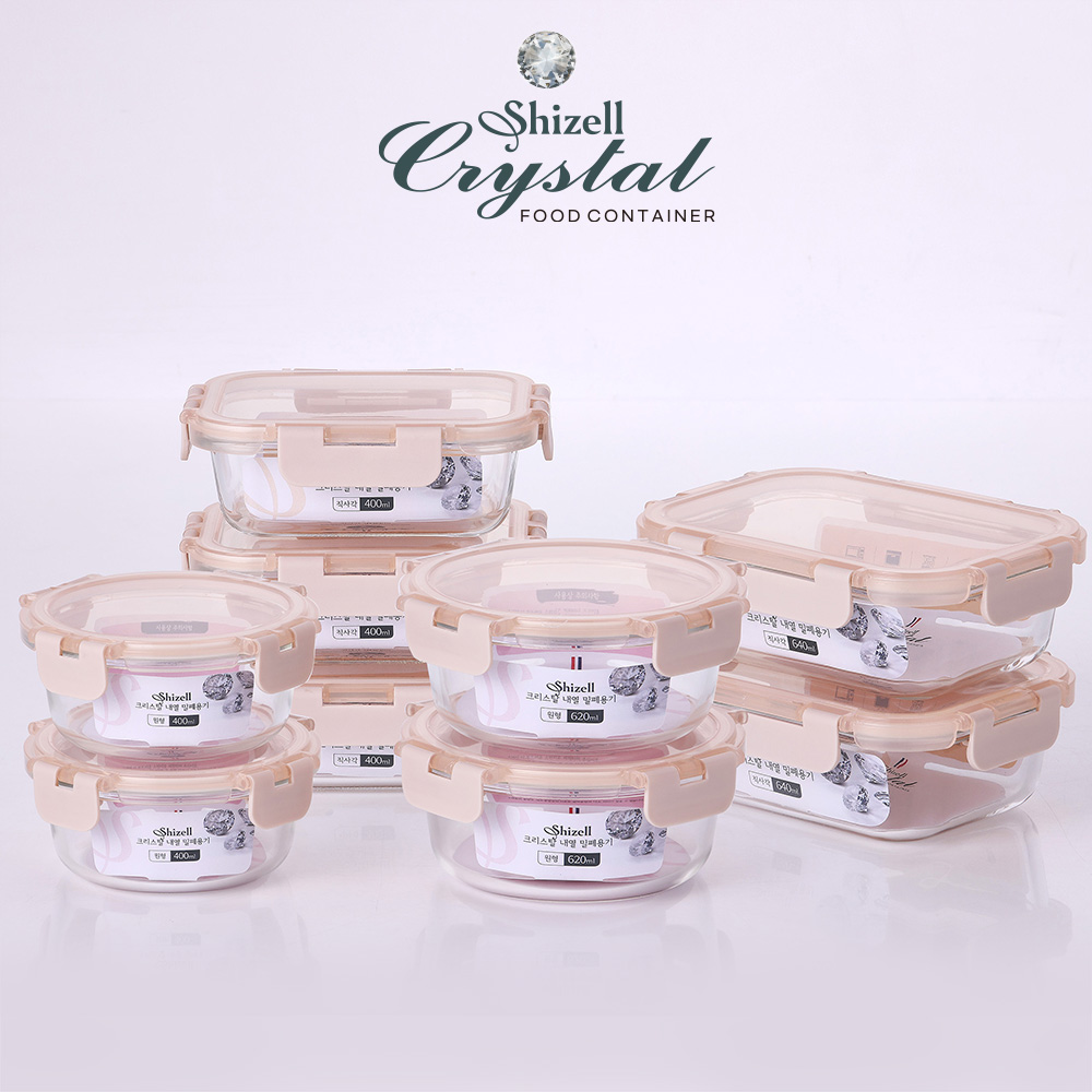 쉬젤 크리스탈 내열밀폐용기 혼합9종세트직사각5종(직사각640ml*2ea+400ml*3ea)+원형4종(원형400ml*2ea+620ml*2ea)